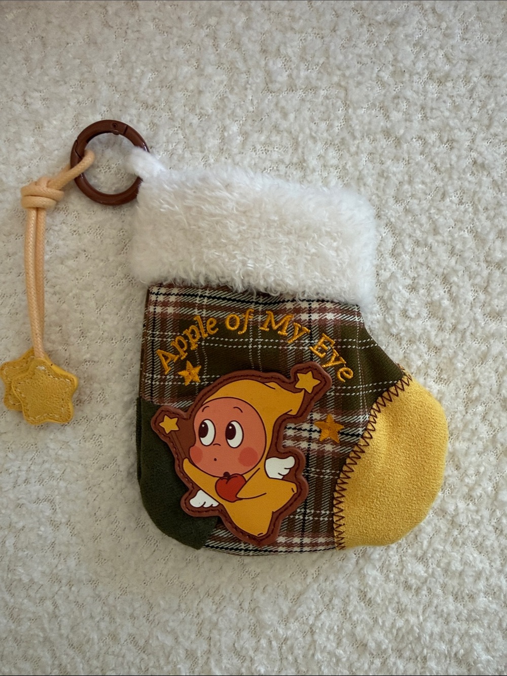 Apple of My Eye mini stocking in Olive Green and Yellow with White Faux-Fur Cuff